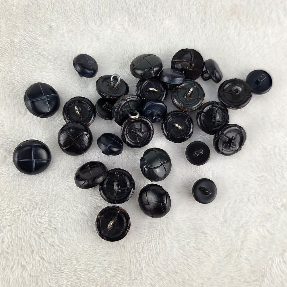 Vintage Plastic Shank Buttons Lot 29 Black Faux Leather Style